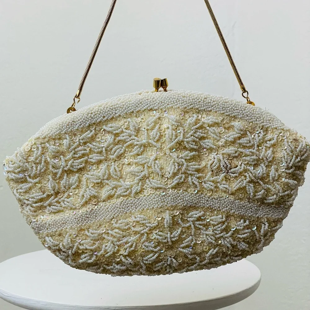 Vintage 60s White Beaded Clutch with Gold Tone Clasp